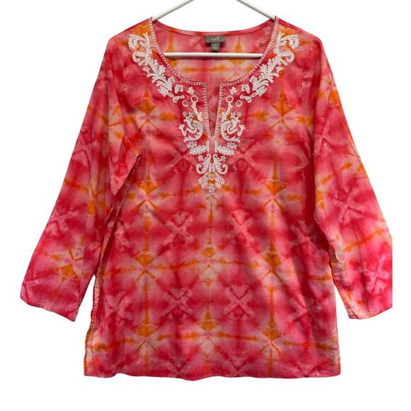 J Jill Women Top Tie Dye Pink Embroidered V Neck Boho Fairy Size MP Long Line - Picture 1 of 11
